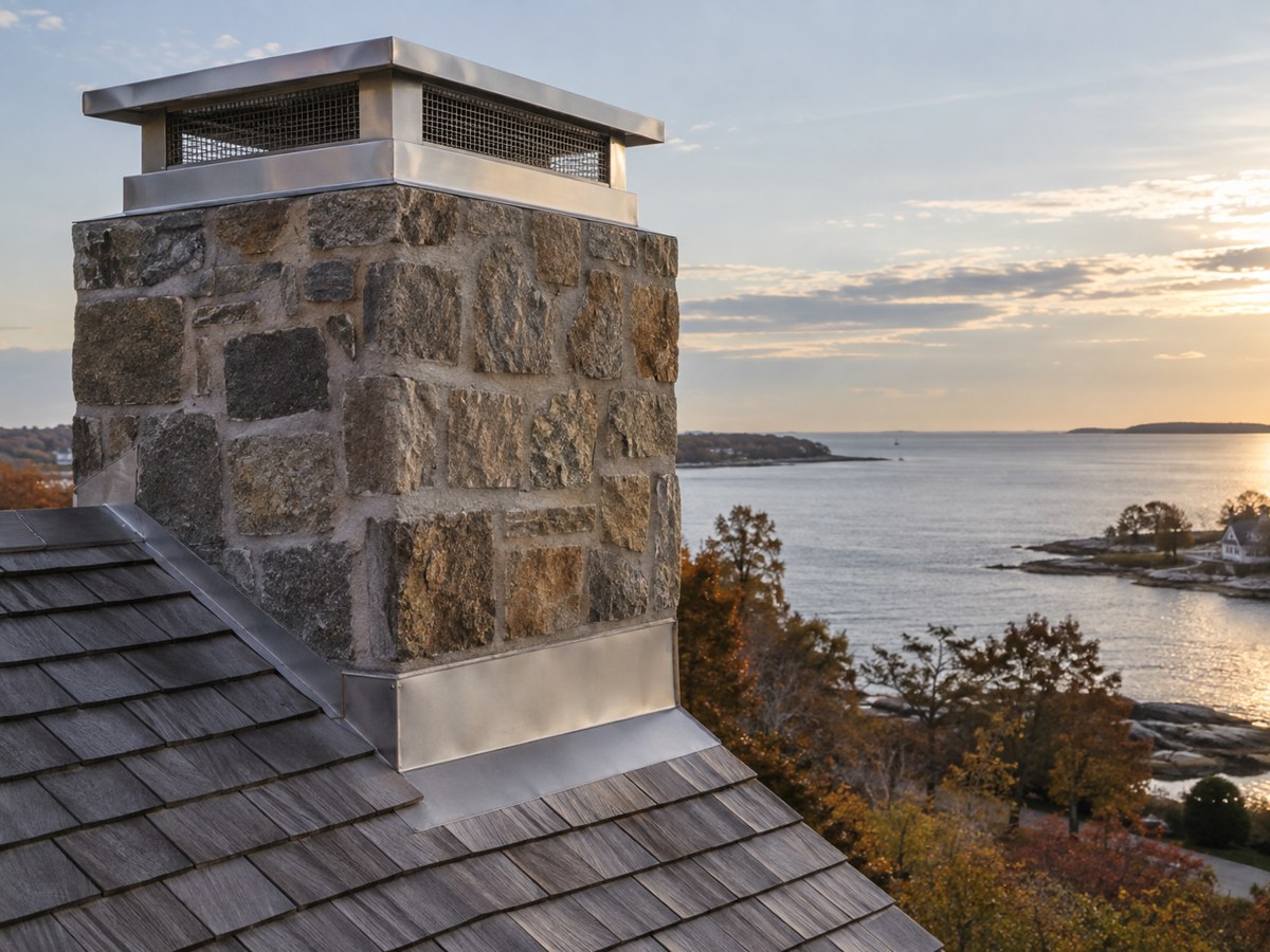 A stainless chimney cap on an exposed coastal stack with the water behind